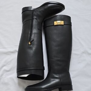 Black Leather Riding Boots with Gold Accent
